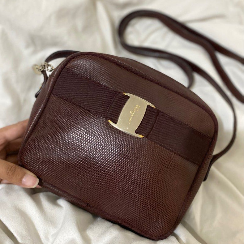 Ferragamo Lizard Embossed Leather Vara Crossbody
