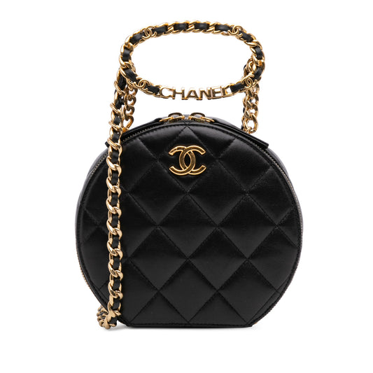 Chanel Quilted Lambskin Oval Logo Chain Top Handle Round Clutch on Chain