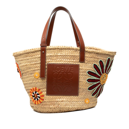 Loewe Large Floral Embroidered Raffia Basket Tote