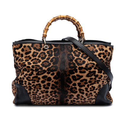 Gucci Large Pony Hair Leopard Print Bamboo Shopper Tote