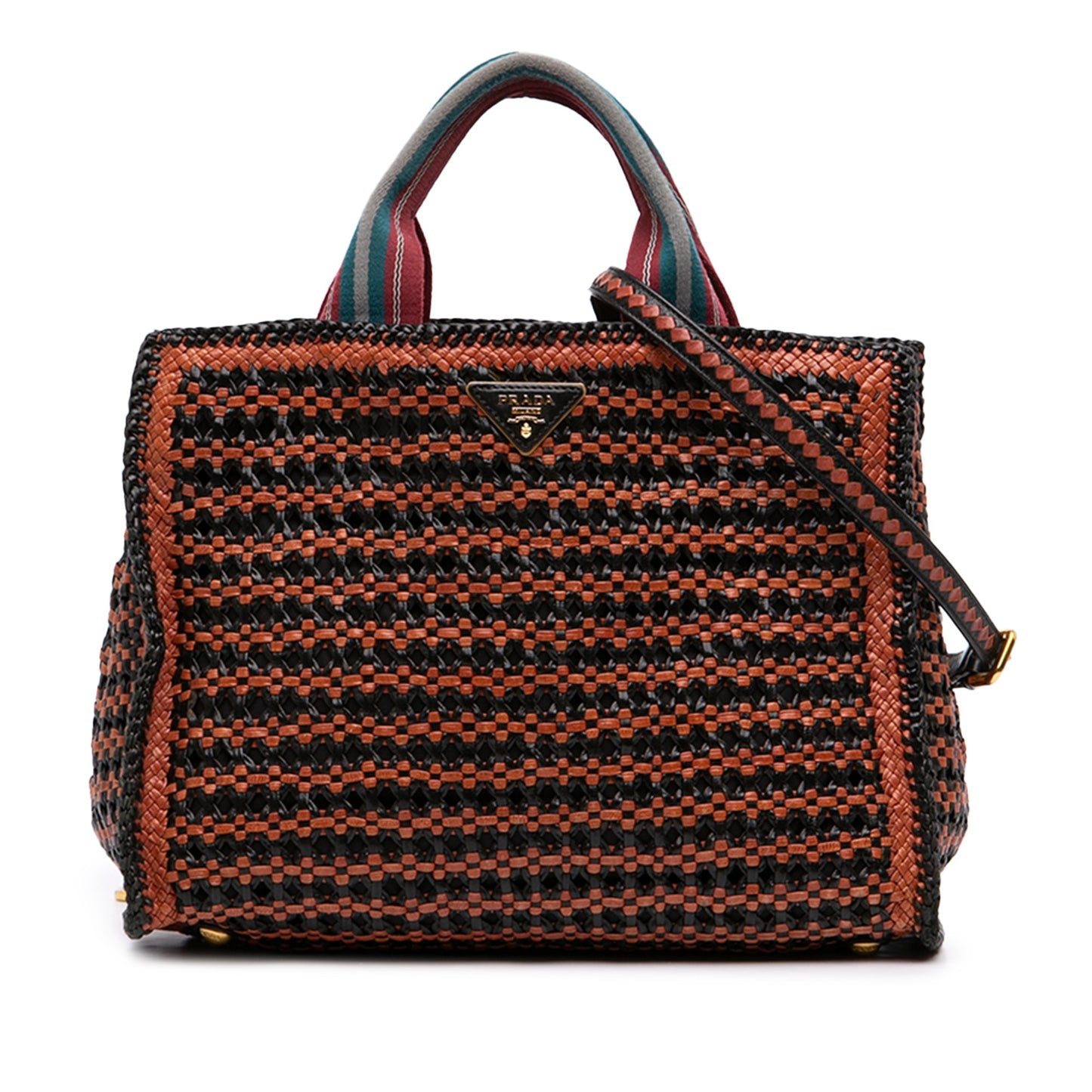 Prada Small Bicolor Woven Goatskin Madras Satchel