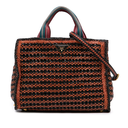 Prada Small Bicolor Woven Goatskin Madras Satchel