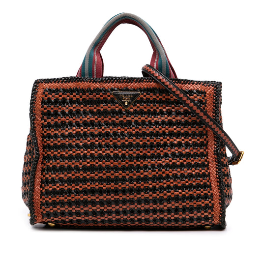 Prada Small Bicolor Woven Goatskin Madras Satchel