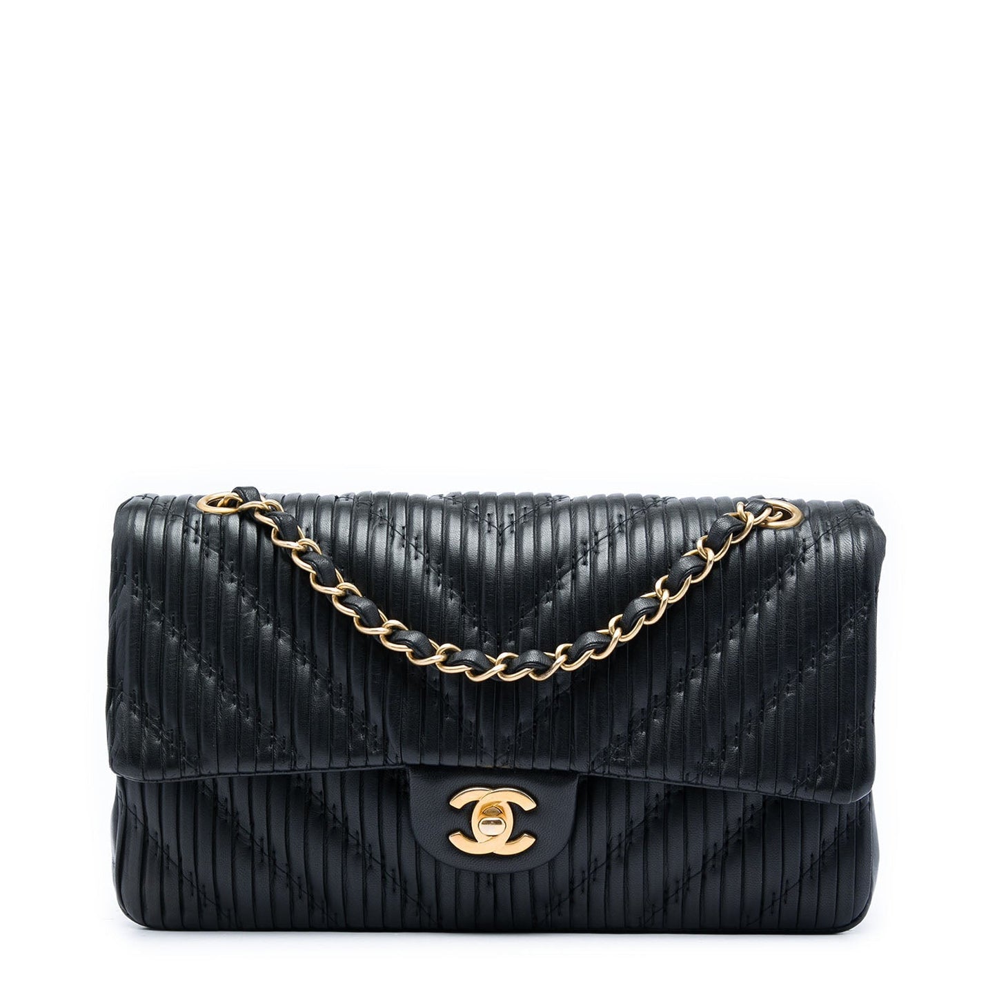 Chanel Medium Classic Chevron Calfskin Pleated Double Flap