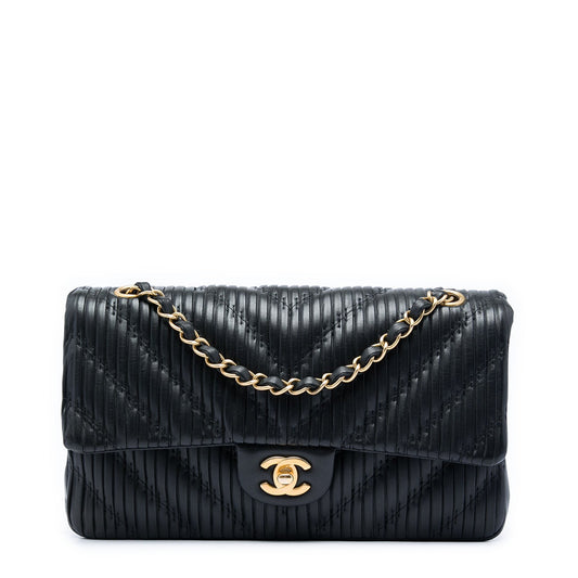 Chanel Medium Classic Chevron Calfskin Pleated Double Flap