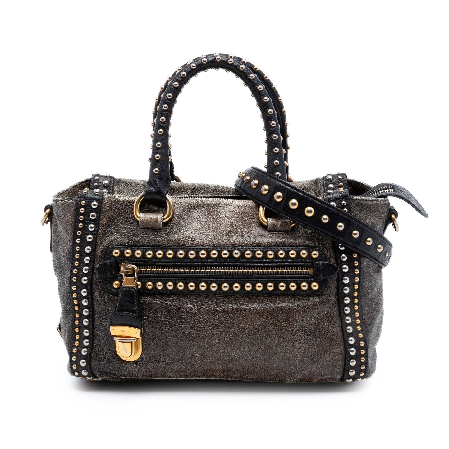 Prada Craquele Leather Studded Satchel