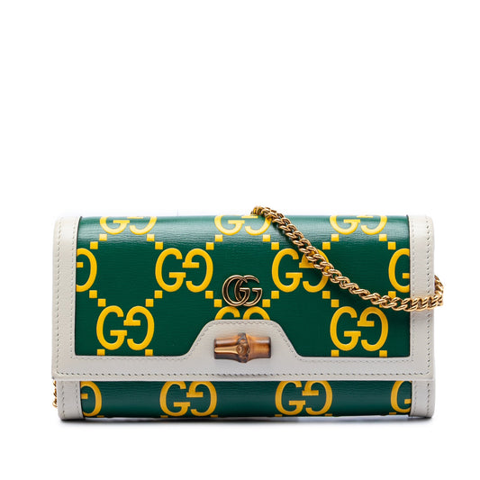 Gucci Bicolor Debossed GG Azalea Calfskin Bamboo Diana Wallet on Chain