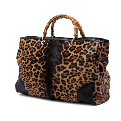 Gucci Large Pony Hair Leopard Print Bamboo Shopper Tote