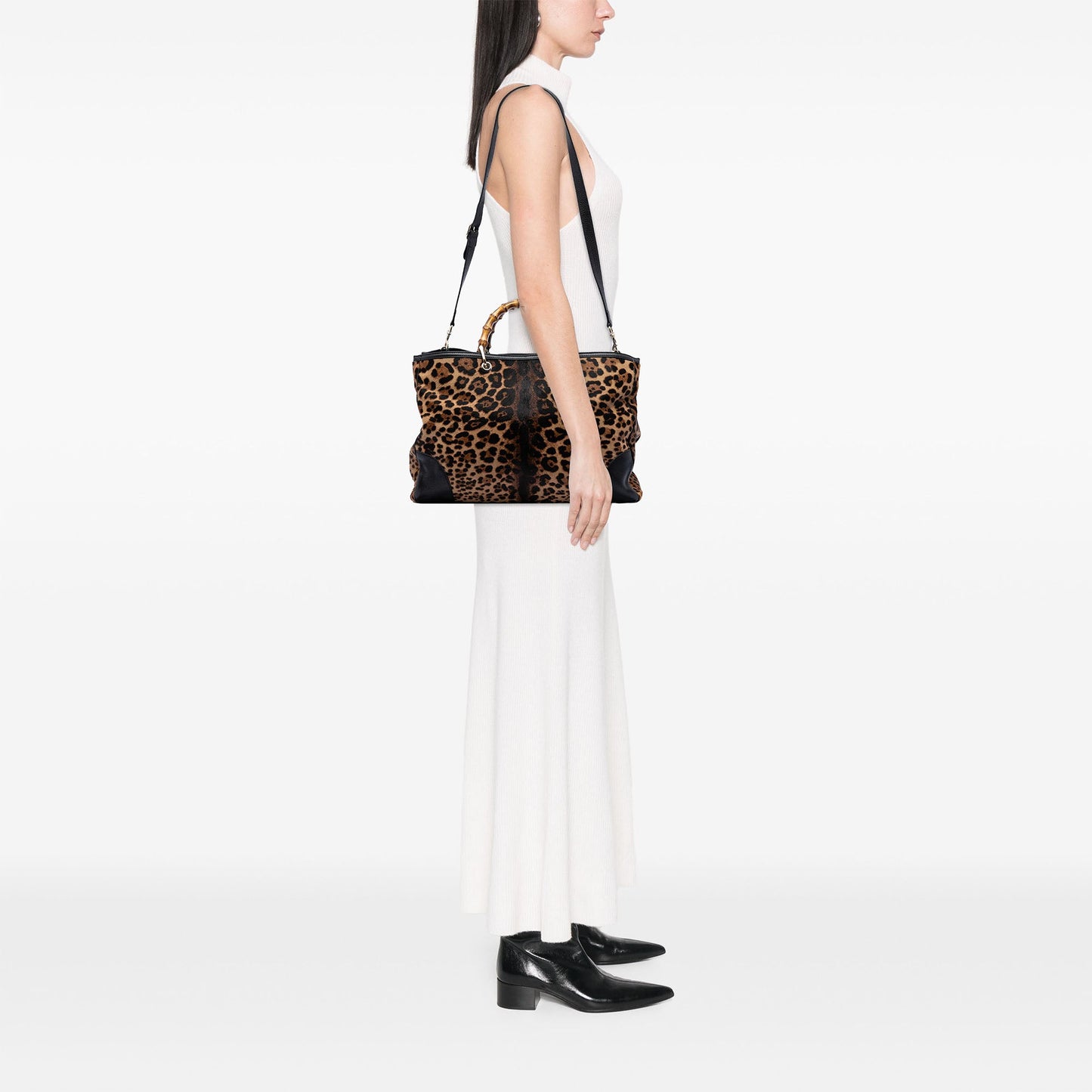 Gucci Large Pony Hair Leopard Print Bamboo Shopper Tote