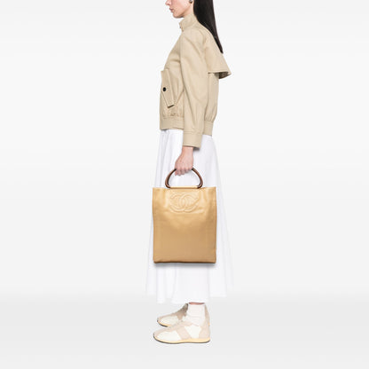 Chanel CC Caviar Wood Top Handle Tote Bag